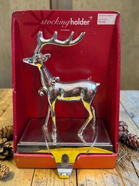 Reindeer Stocking Holder Christmas Décor Silver Metal  In Box